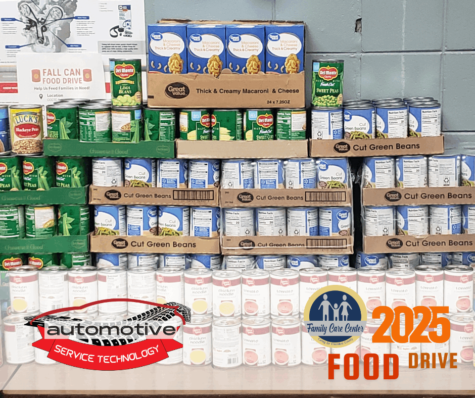 2025 fall canned food drive photo of cans taken up by Automotive dept for the Family Care Center